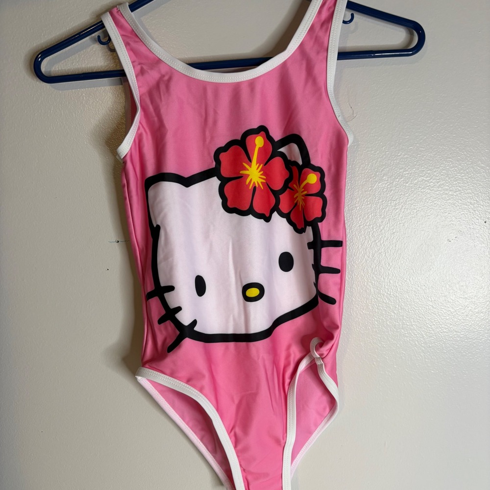 Hello Kitty Sanrio Girls M7/8 Pink‎ Hibiscus One Piece Swimsuit UPF 50+ NEW